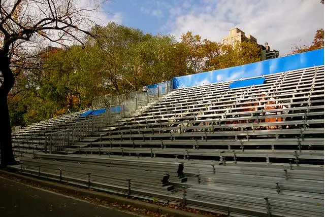 Photograph of bleachers set up for marathon watching by bitchcakesny on Flickr